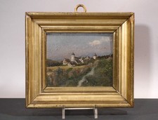 nm2/6  anonym  kleines Ölgemälde Landschaft mit Dorf  20. Jahrhundert