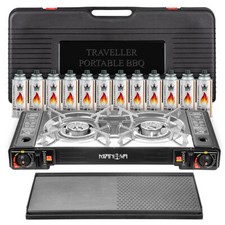 Doppel Gaskocher 2-flammig 2in1 Camping Kocher 4,4 KW Grillplatte + Gasflaschen