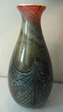 Alte irisierende Murano Design Glas Vase mit Pfauenfeder Dekor Vintage