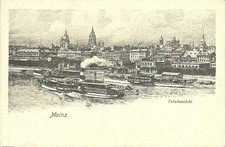 Künstler-AK Mainz am Rhein -Totalansicht, Raddampfer, Schiffe, Kirchen -ca. 1900