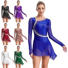 Damen Eiskunstlauf Kleid Glitzer Ballettkleid Rückenfrei Ballettanzug mit Rock