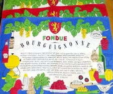 Kreier Set 3x Fondue Geschirrtuch mit Rezept Leinen, Vintage 70s, Küche Deko