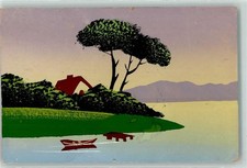 10637828 - handgemalt Ruderboot Wohnhaus Baum