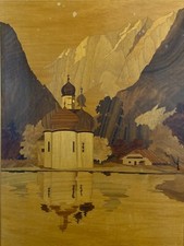 HOLZ INTARSIEN BILD KIRCHE AM SEE INTARSIENBILD
