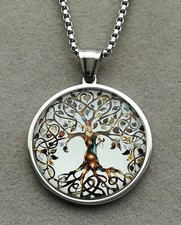 Lebensbaum Anhänger + Halskette Glas Edelstahl Silber Weltenbaum Baum Des Lebens
