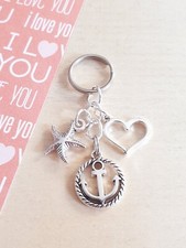 Maritimer Schlüsselanhänger ♥ Anker und Seestern mit Herz ♥ Handgefertigt Silber