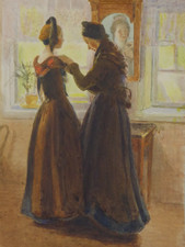 Aquarell nach Ludwig Dettmann Porträt Damen vor Spiegel bez. Sonntagmorgen (153)