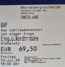 Tickets BAP Jubiläumskonzert Köln 10.07.26 Stehplatz Jet Wigger Hinge Karten
