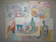 Stillleben Krüge Flaschen Obst - 5 Zeichnungen Aquarelle - 20. Jh.