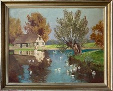 Ölbild Impressionist Bauernkate am Dorfteich B. Höfer 1936 46 x 56,5 cm