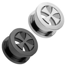 Flesh Tunnel Ohr Plug Edelstahl Iron Cross Eisernes Kreuz schwarz silber 8-20mm