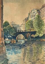 Aquarell Impressionist Die Ellerntorsbrücke in Hamburg Stadtansicht mit Booten