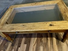 Echtholz Tisch mit Glasplatte & Schublade