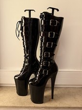 PLEASER Infinity-2049 Plateau Stiefel kniehoch Lack Schwarz Schnallen EU 37 US 7