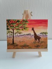 Acrylgemälde Mini Bild mit Staffelei Afrika Landschaft Giraffe Kunst Original