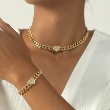 ✨ Damen Schmuck 2er Set Edelstahl – Herz Halskette & Armband Gold Glänzend 💖