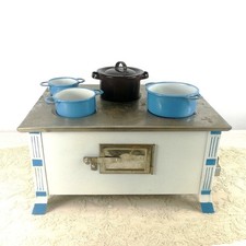 Vintage Puppenofen Puppenherd Weiß Blau mit Töpfen 24 cm breit