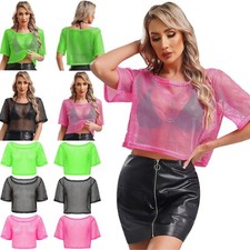 Damen T-shirt Fishnet Crop Top Camisole Tops Party Hemd Tanz Oberteile Kurzarm