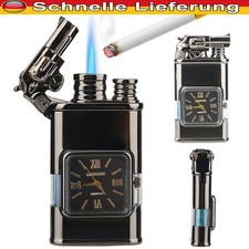 Edles Feuerzeug mit Uhr Gas Nachfüllbar Gold Blau Luxus Design Geschenkidee