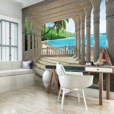 Vlies Fototapete 3D EFFEKT Terrasse Meer Fenster Palmen Strand XXL Wohnzimmer 27