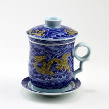 Chinesische Teetasse Drache aus Porzellan, Deckel-Tasse mit Sieb, blau-weiß groß
