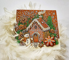 Lebkuchenhaus & Schneemann, Klappkarte mit schöner Strass-Kunst & Umschlag.