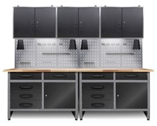 Ondis24 Werkstatt Set 240cm 2x Werkbank Metall 3x Werkzeugschrank Lochwand LED