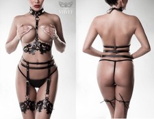 GREY VELVET SET HARNESS  STRAPSHALTER STRING schwarz kunstleder  clubwear