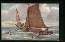 Künstler-AK Christopher Rave: Philippinen, Boot mit Ausleger auf hoher See, Jet 