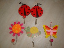 5 Stück * Garderobenhaken * Haken * Schnecke Schmetterling Blume 2 x Käfer