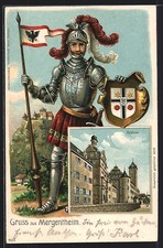 Passepartout-Lithographie Mergentheim, Am Schloss, Ritter in Rüstung mit Wappen 