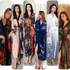 Vivi Idee Morgenmantel damen leicht Lang Kimono Satin Sauna Bademantel elegant