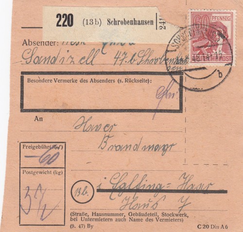 Paketkarte 1948 sandizell - paketkarte, 1948:
