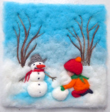 Wollbild schneemann bauen - ♥wollbild,