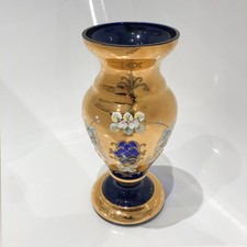 Böhmische Glaskunst Kristall Vase mit Eamille Blüten und 24 Karat Golddekor