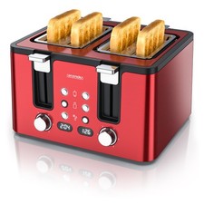Arendo Toaster 4 Scheiben LED Anzeige Edelstahl 1750W Beleuchtete Knöpfe Rot