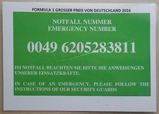 2016 Formel 1 Paddock Club Hockenheim Notfallnummer Panel book brochure prospekt