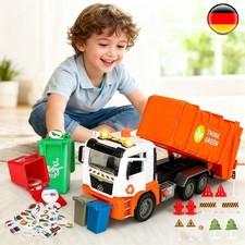 Müllwagen mit 4 bunten Mülltonnen Recycling Auto-Modell Spielfahrzeug für Kinder