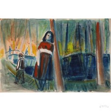 KARL RÖDEL AQUARELL FRAU KLEID ROT FLUSS TRAUER HANDSIGNIERT UNIKAT VP: 5500€*