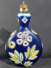 Schnupftabakflasche Bixl Sandgestrahlt und Geschliffen Glas blau weiß grün gold