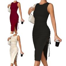 Damen Midikleid Bodycon Herbst Sommer Sexy Raffung Ärmellos Elegant Stretchkleid