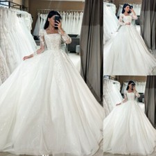  【Square Neck Brautkleid】Langarm mit Glitzer & Spitze | A-Line Prinzessin Stil