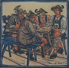 Kartenspieler Farbholzschnitt Tirol signiert