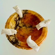 Goldener Alabaster Brunnen Vogelbad 4Vögel, Handgeschnitzt, Selten