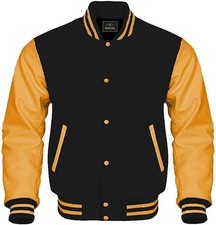 Real Leather & Wool Varsity Jacket – Yellow Golden Letterman Bomber 💛