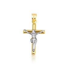 14K Bicolor Gold Heiliger Jesus Christus Kreuz Kruzifix Anhänger Halskette