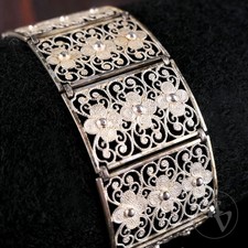 Vintage / Antik Breites Filigran Silberarmband Blumen 835er Silber 18,0cm 2,5cm