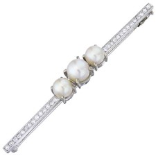 Brosche Perlen Diamanten 750er Weißgold ca. 1930-40