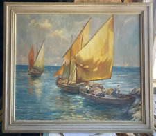 ::SEGELBOOTE SCHIFFE MIT FISCHERN KÜSTE MEER ANTIK °UNLESERLICH SIGNIERT UM 1920