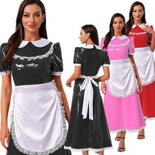 DE Damen Dienstmädchen Kostüm Spitze Besatz Lack Maid Kleid Schürze Lang Set 
